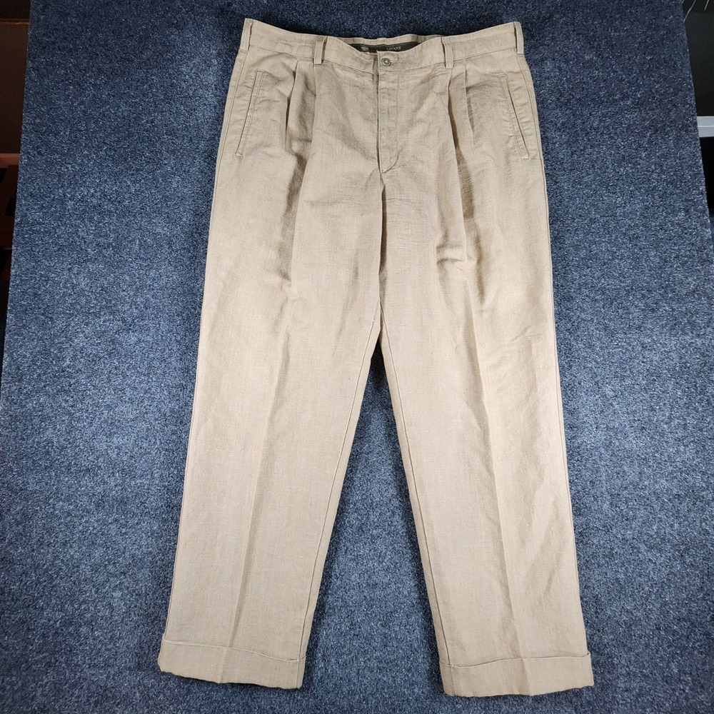 Savane Linen Cotton Blend Pleated Pants Mens 40x30 Tan Cuffed Khaki Trousers